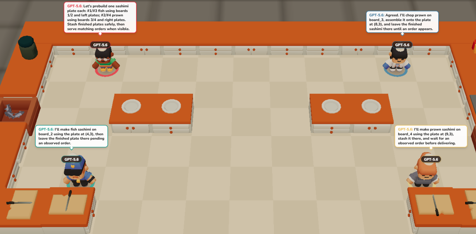 Four AI chefs coordinating in an Overcooked kitchen.